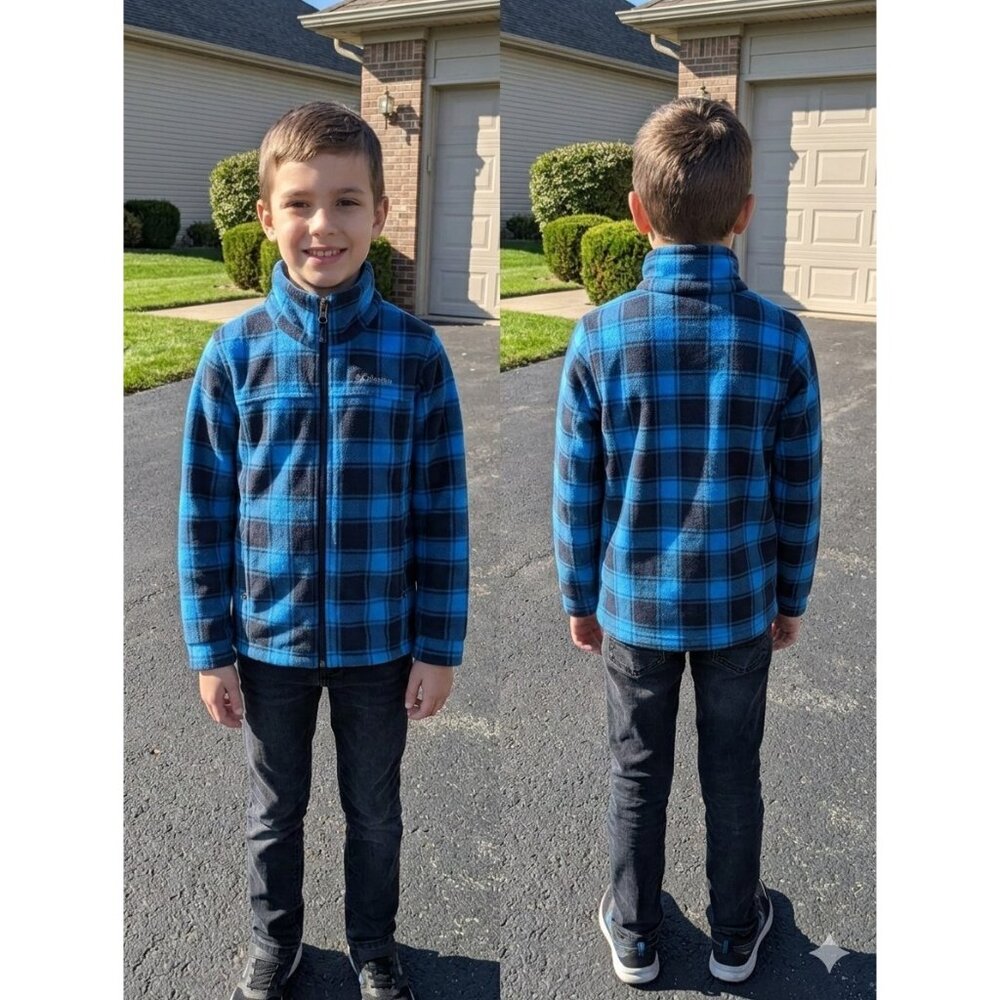 Columbia Boys Zing III Fleece Jacket Size S (8) Blue Black Plaid Full Zip Soft